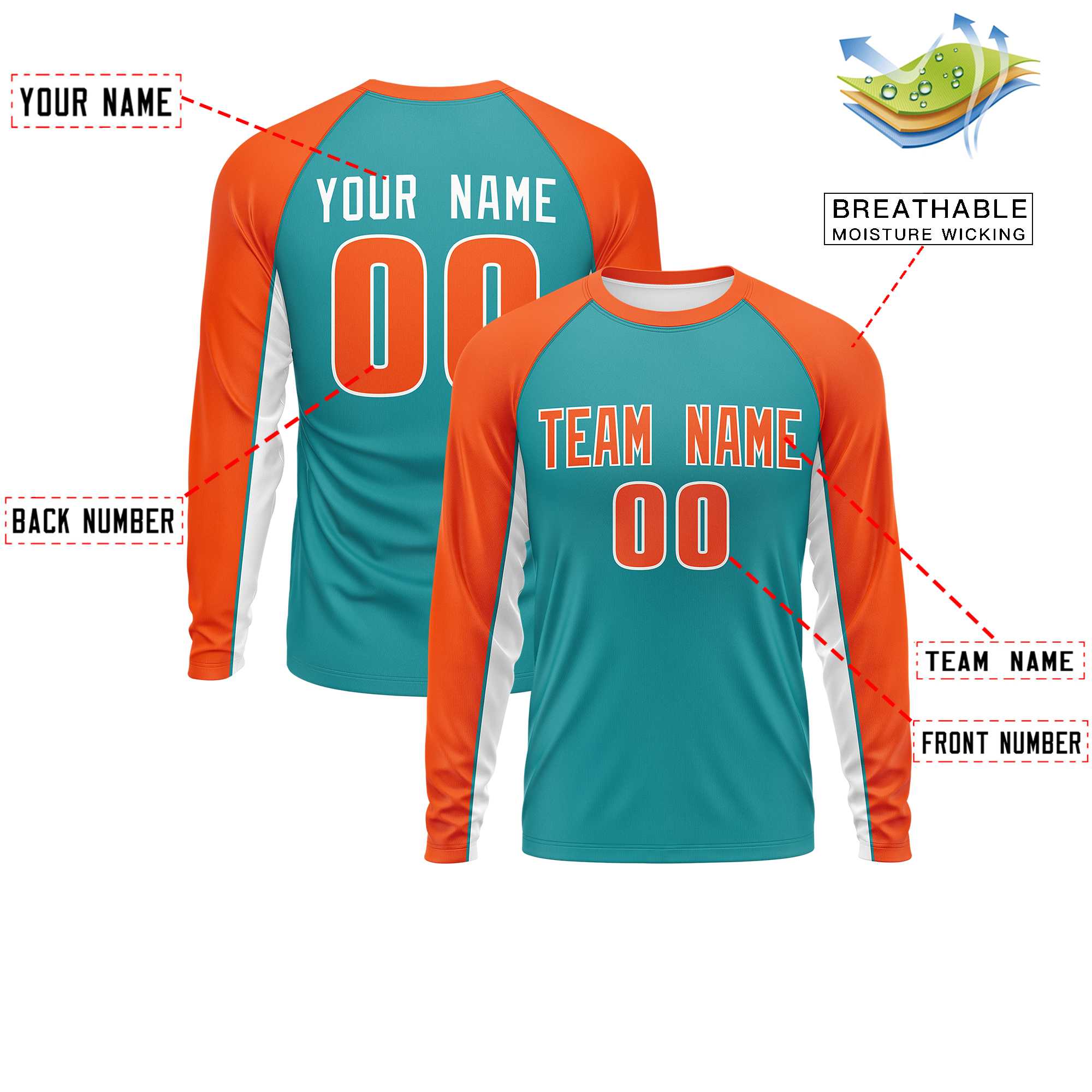 Custom Aqua Orange Crew Neck Raglan Long Sleeve Performance T-Shirt