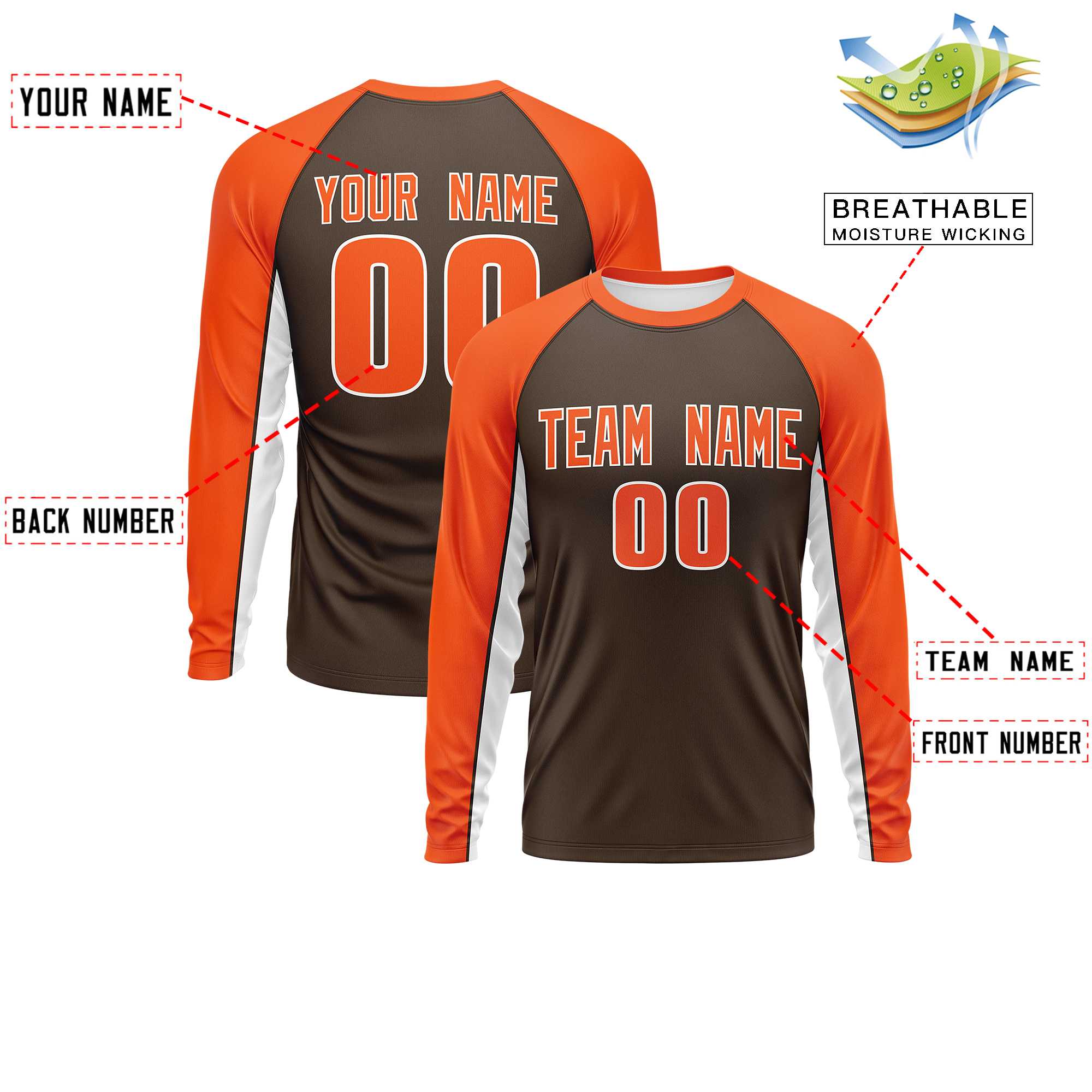 Custom Brown Orange Crew Neck Raglan Long Sleeve Performance T-Shirt