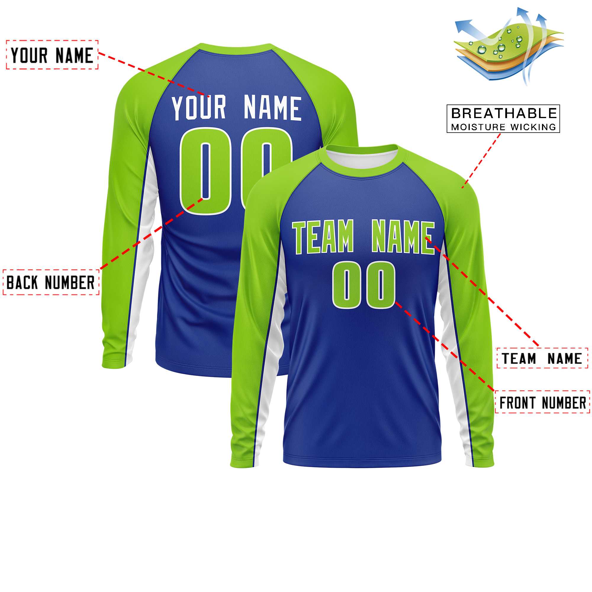 Custom Royal Neon Green Crew Neck Raglan Long Sleeve Performance T-Shirt