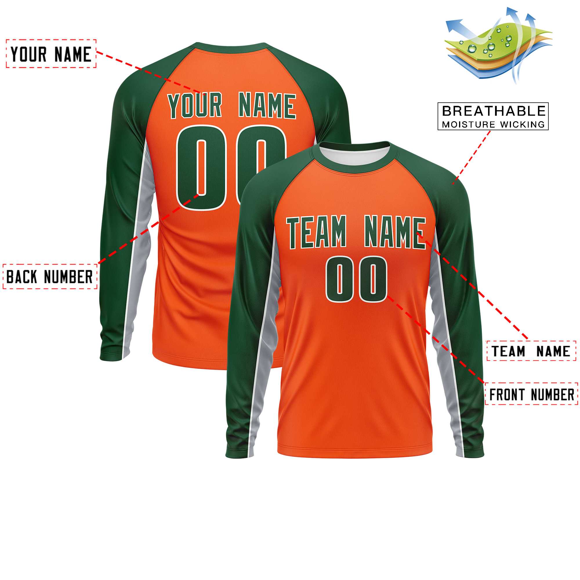 Custom Orange Green Crew Neck Raglan Long Sleeve Performance T-Shirt