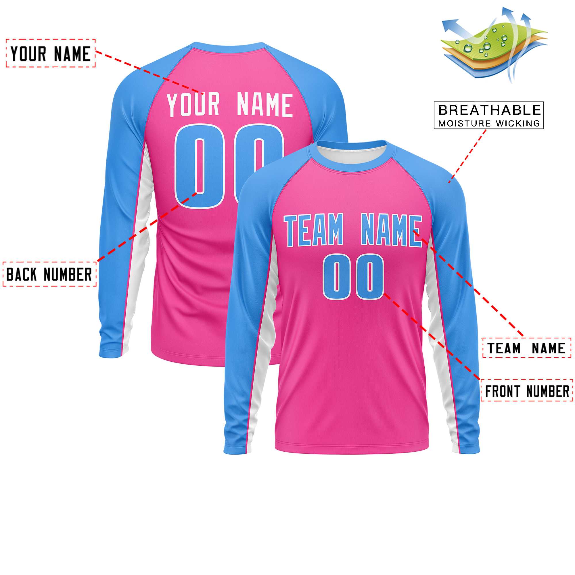 Custom Pink Powder Blue Crew Neck Raglan Long Sleeve Performance T-Shirt