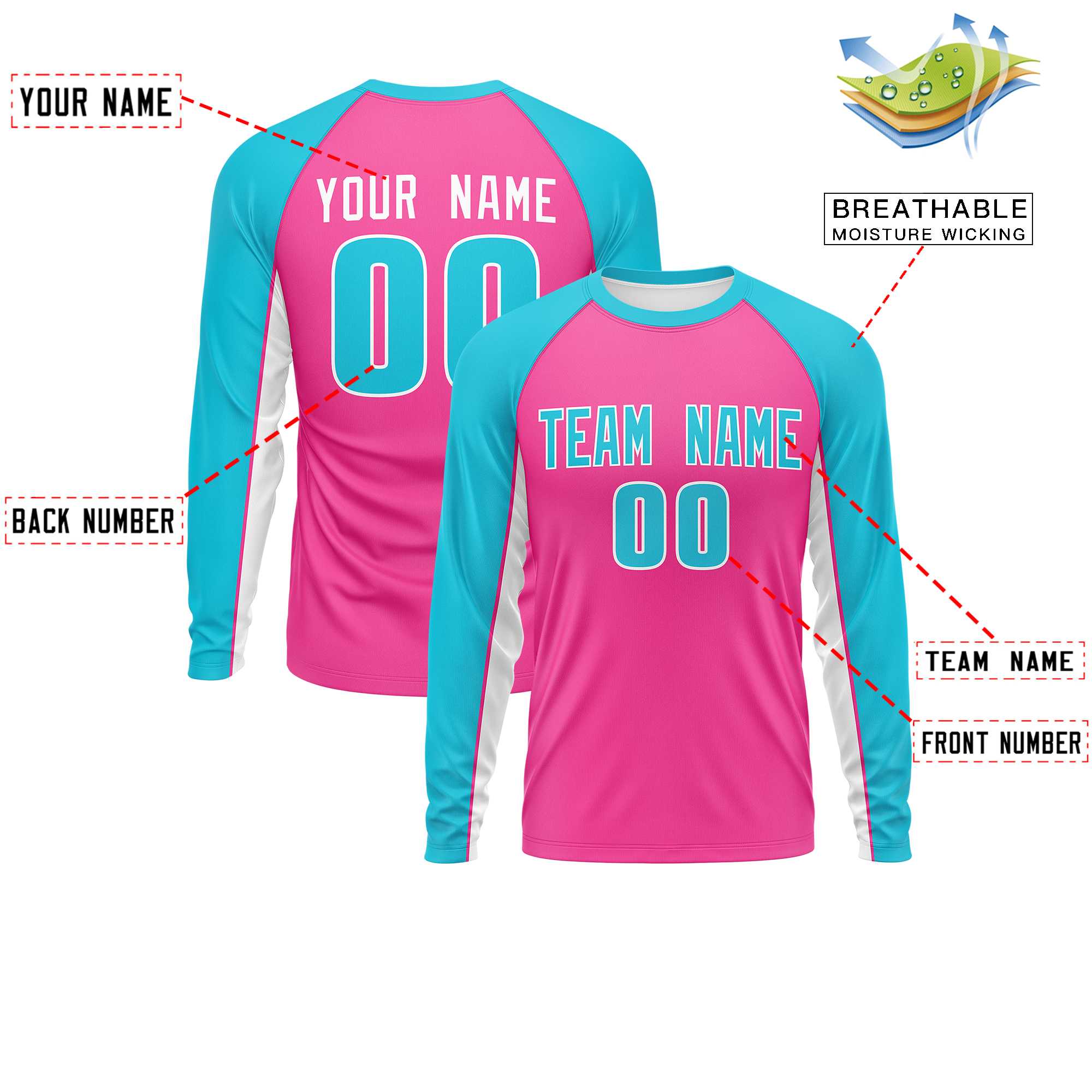 Custom Pink Sky Blue Crew Neck Raglan Long Sleeve Performance T-Shirt