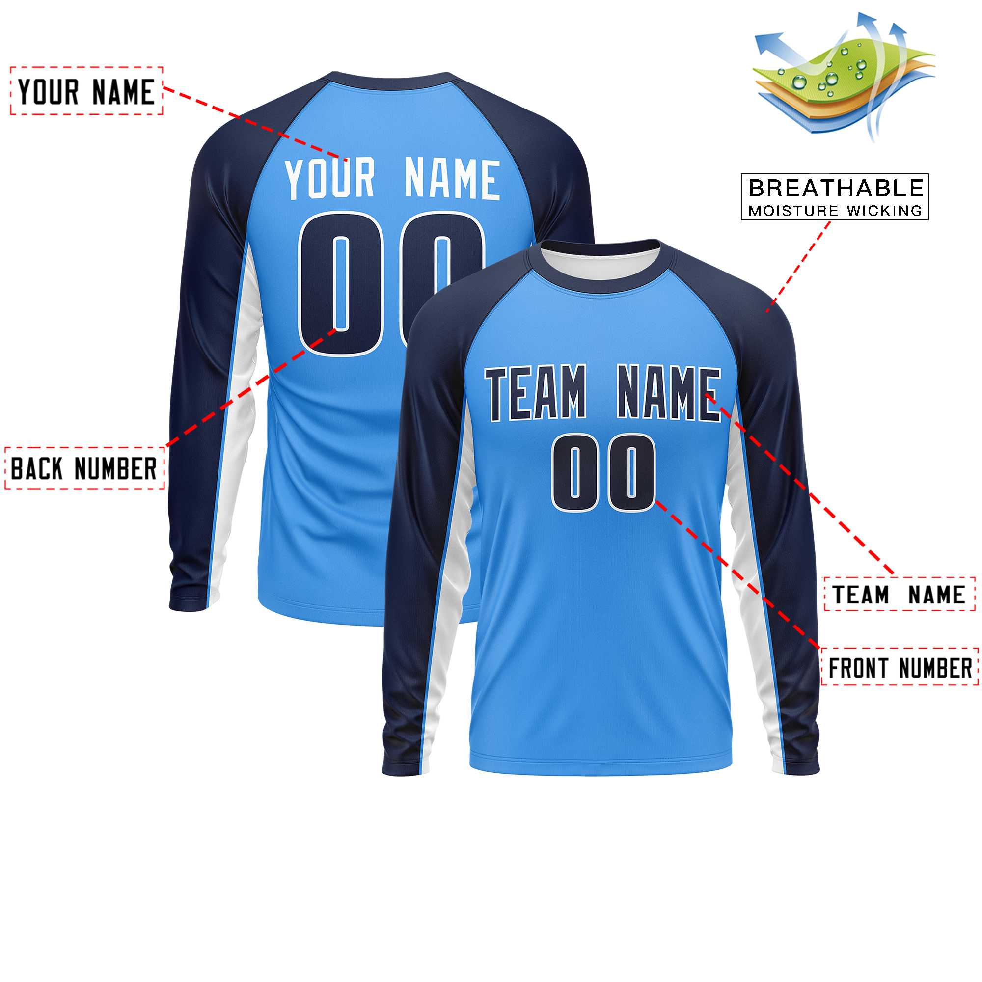 Custom Powder Blue Navy Crew Neck Raglan Long Sleeve Performance T-Shirt