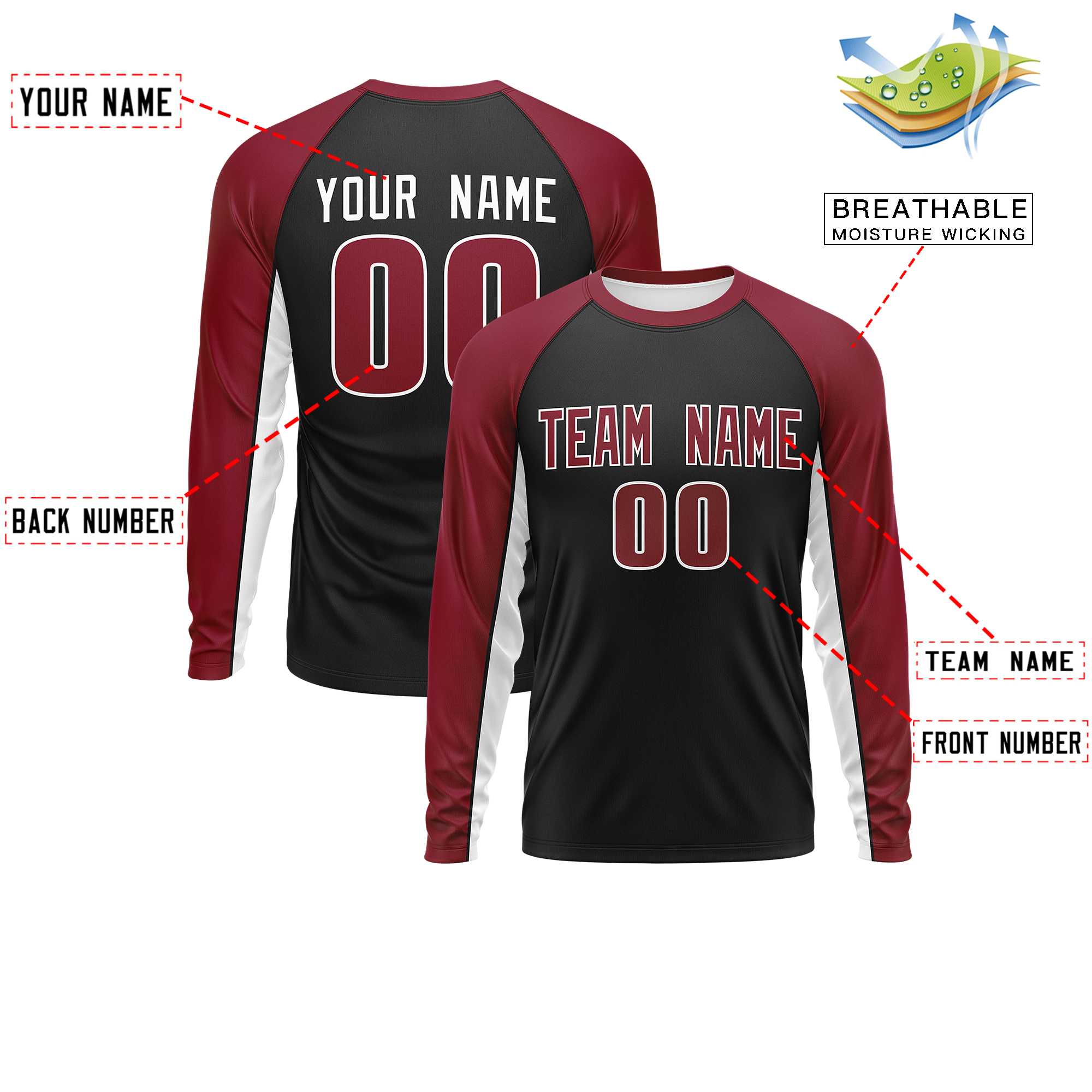 Custom Black Crimson Crew Neck Raglan Long Sleeve Performance T-Shirt