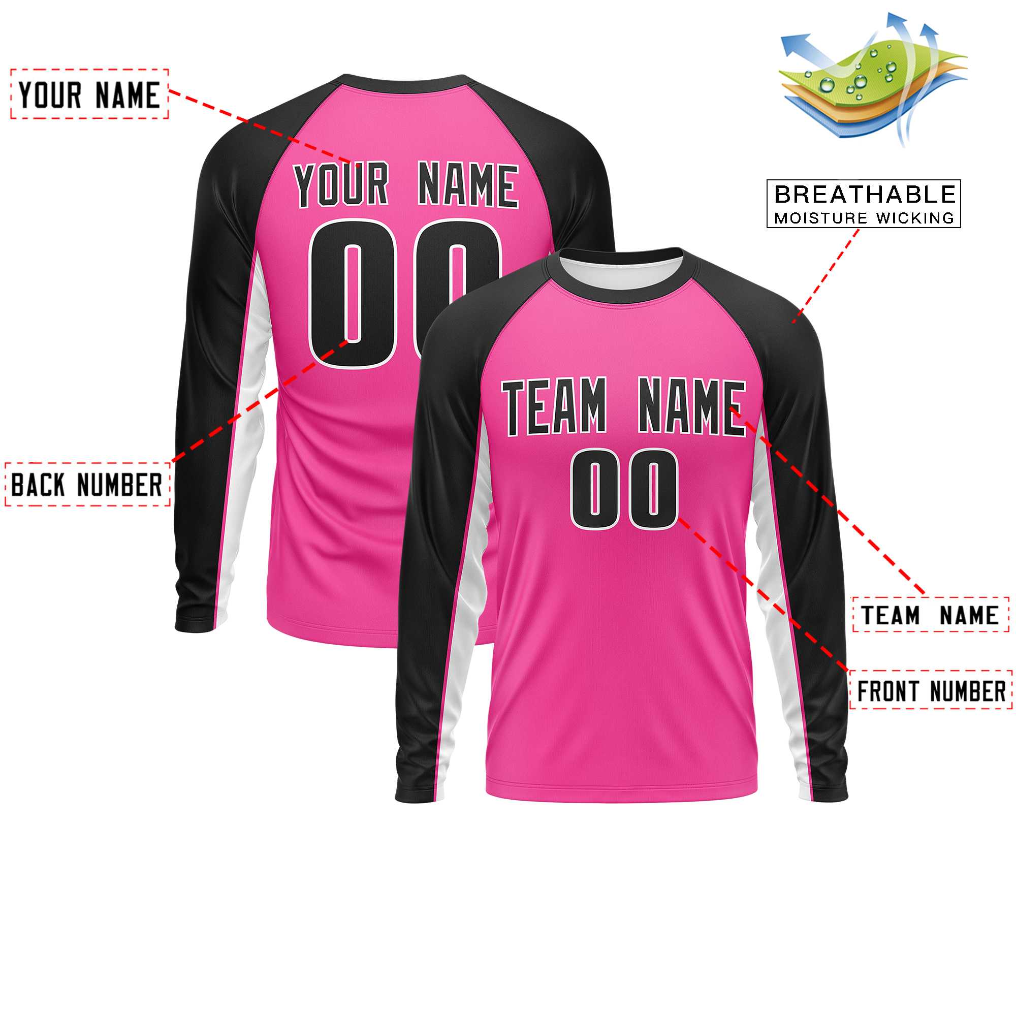 Custom Pink Black Crew Neck Raglan Long Sleeve Performance T-Shirt