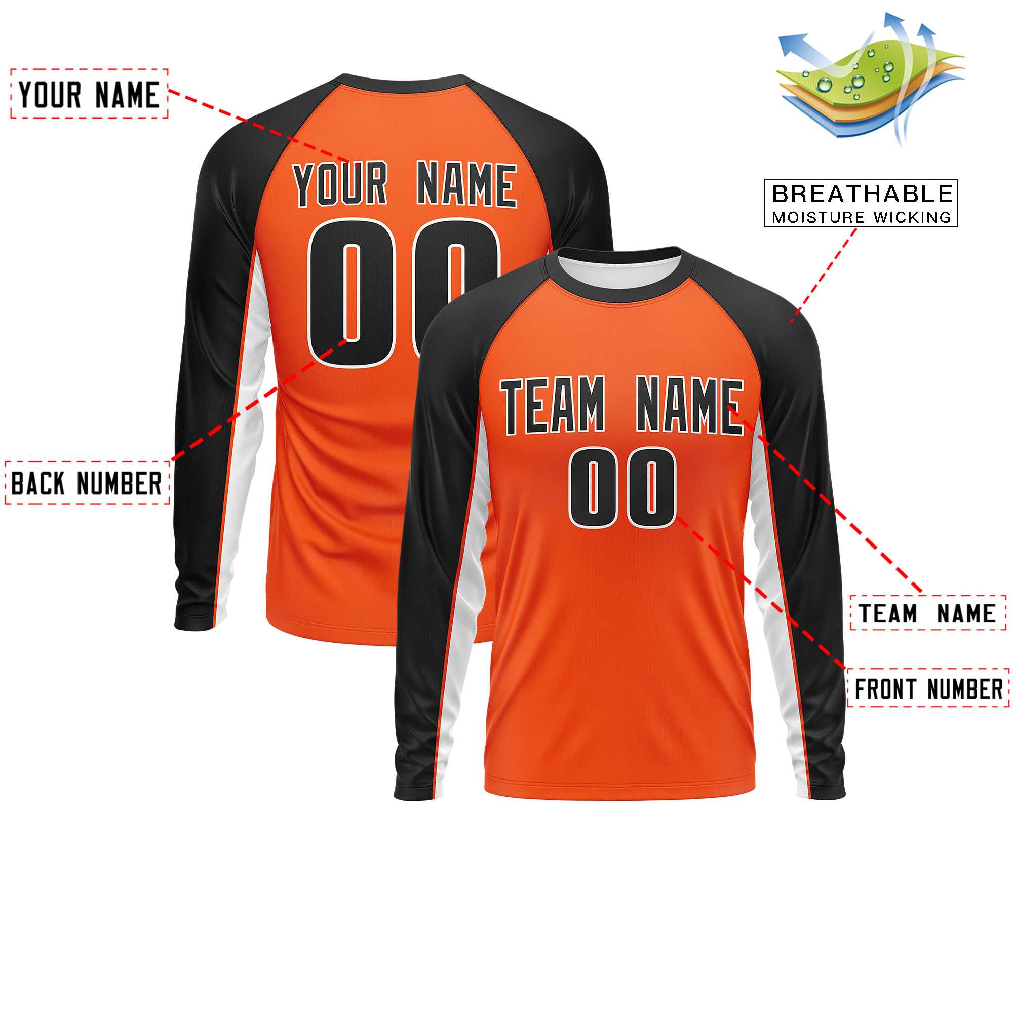 Custom Orange Black Crew Neck Raglan Long Sleeve Performance T-Shirt