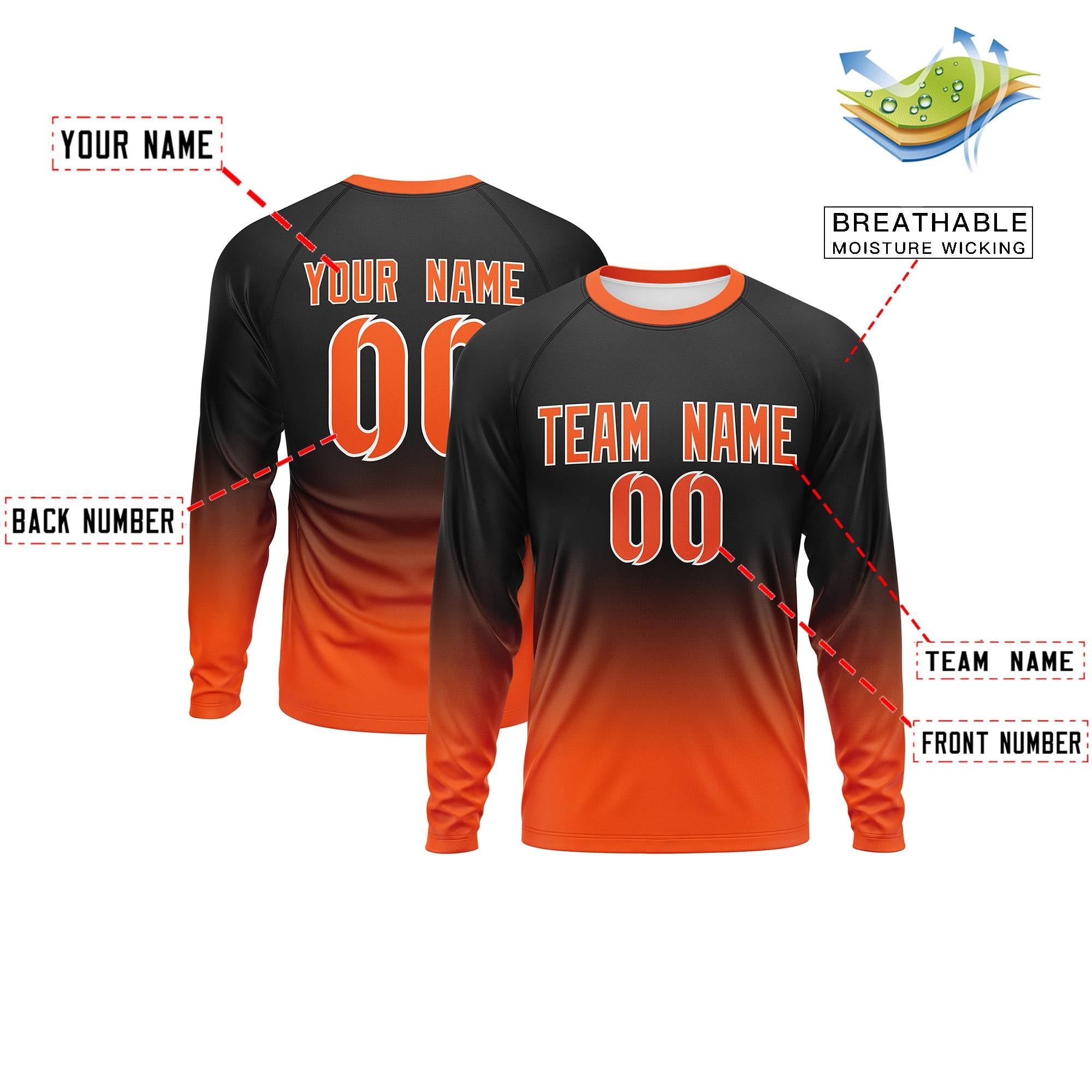 Custom Black-Orange Gradient Fashion Design Long Sleeve Performance T-Shirt