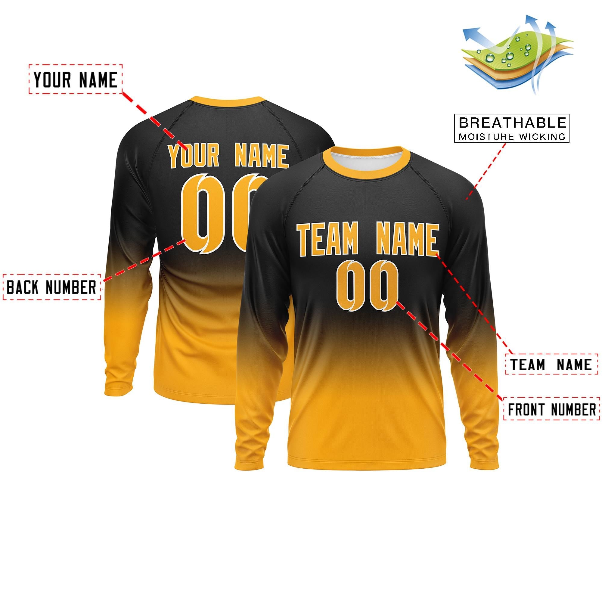 Custom Black-Yellow Gradient Fashion Design Long Sleeve Performance T-Shirt