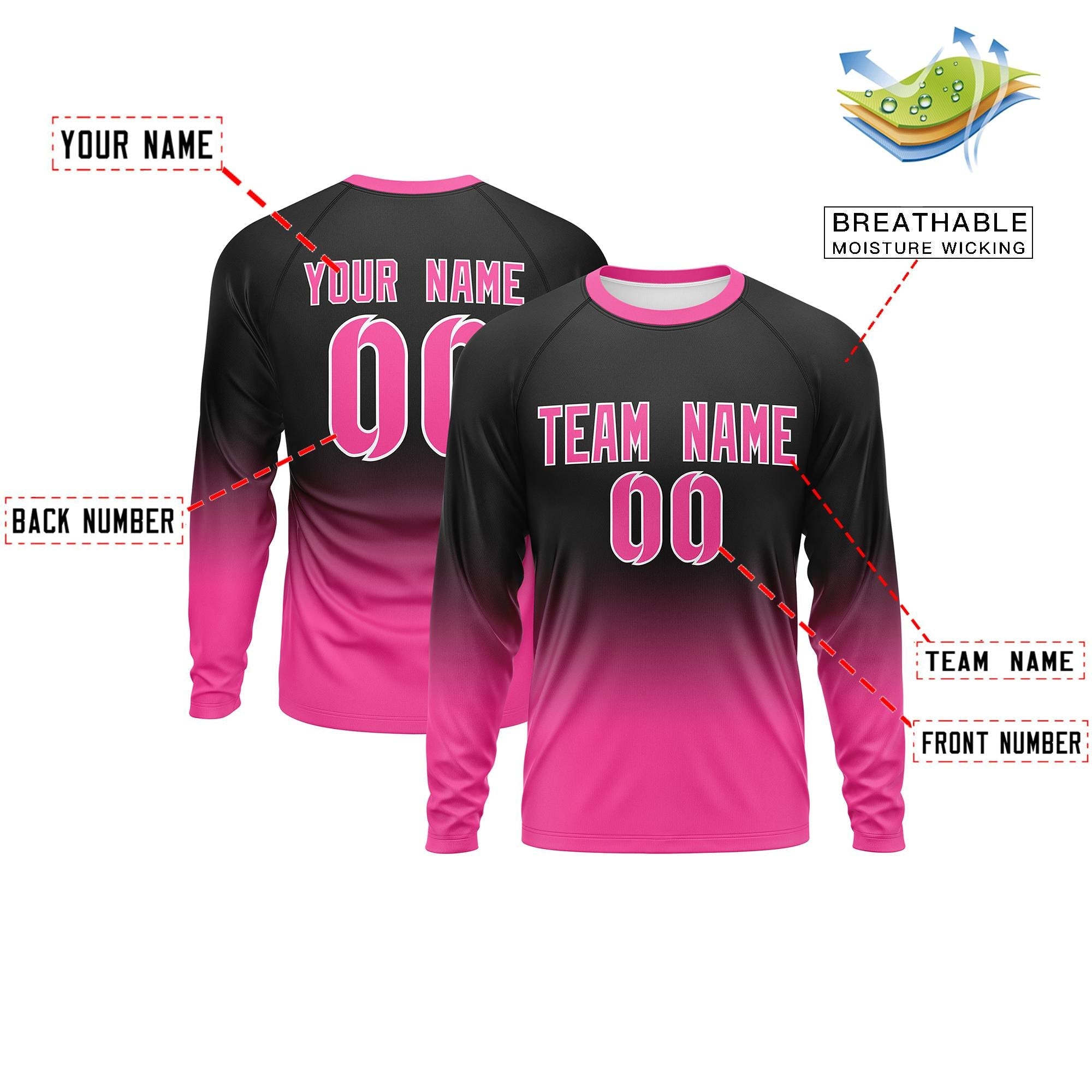 Custom Black-Pink Gradient Fashion Design Long Sleeve Performance T-Shirt