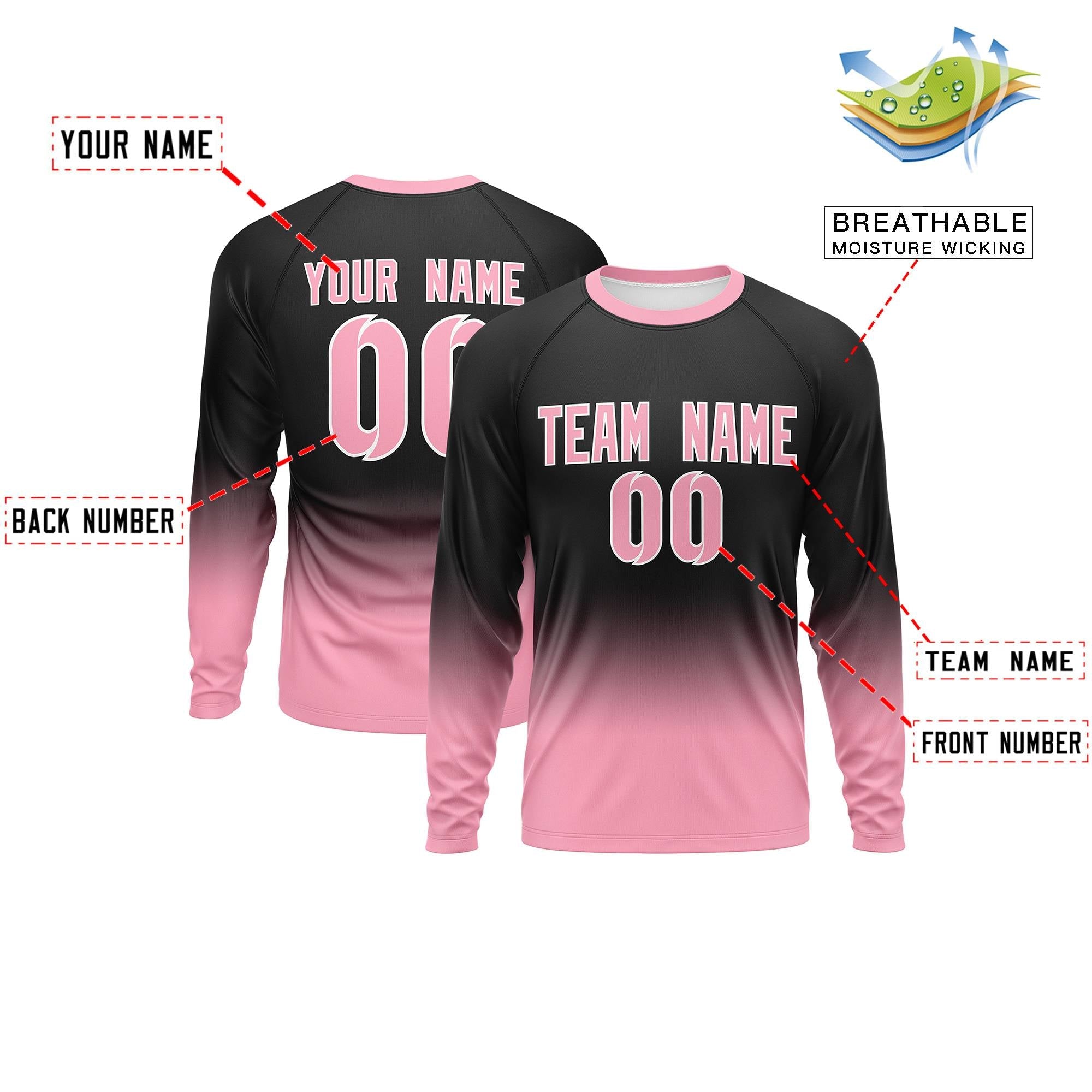 Custom Black-Light Pink Gradient Fashion Design Long Sleeve Performance T-Shirt