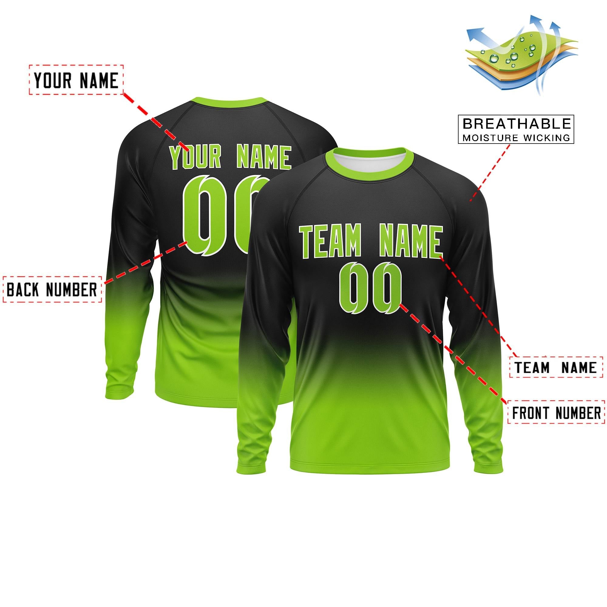 Custom Black-Neon Green Gradient Fashion Design Long Sleeve Performance T-Shirt