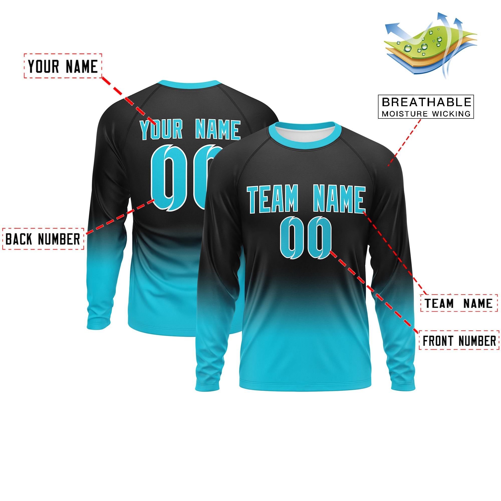 Custom Black-Sky Blue Gradient Fashion Design Long Sleeve Performance T-Shirt