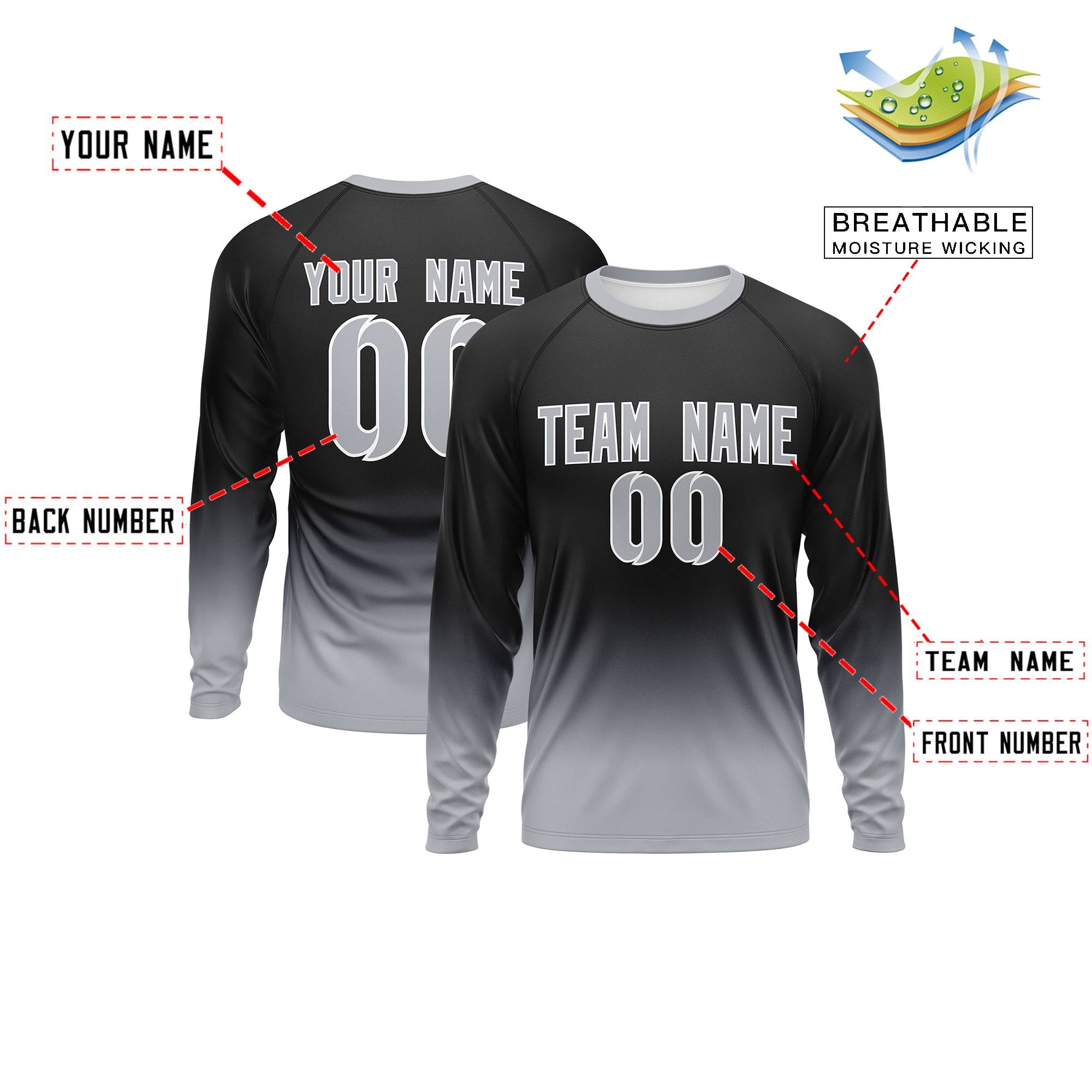 Custom Black-Gray Gradient Fashion Design Long Sleeve Performance T-Shirt