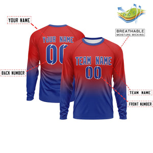 Custom Red-Royal Gradient Fashion Design Long Sleeve Performance T-Shirt