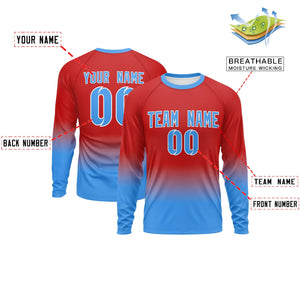 Custom Red-Powder Blue Gradient Fashion Design Long Sleeve Performance T-Shirt