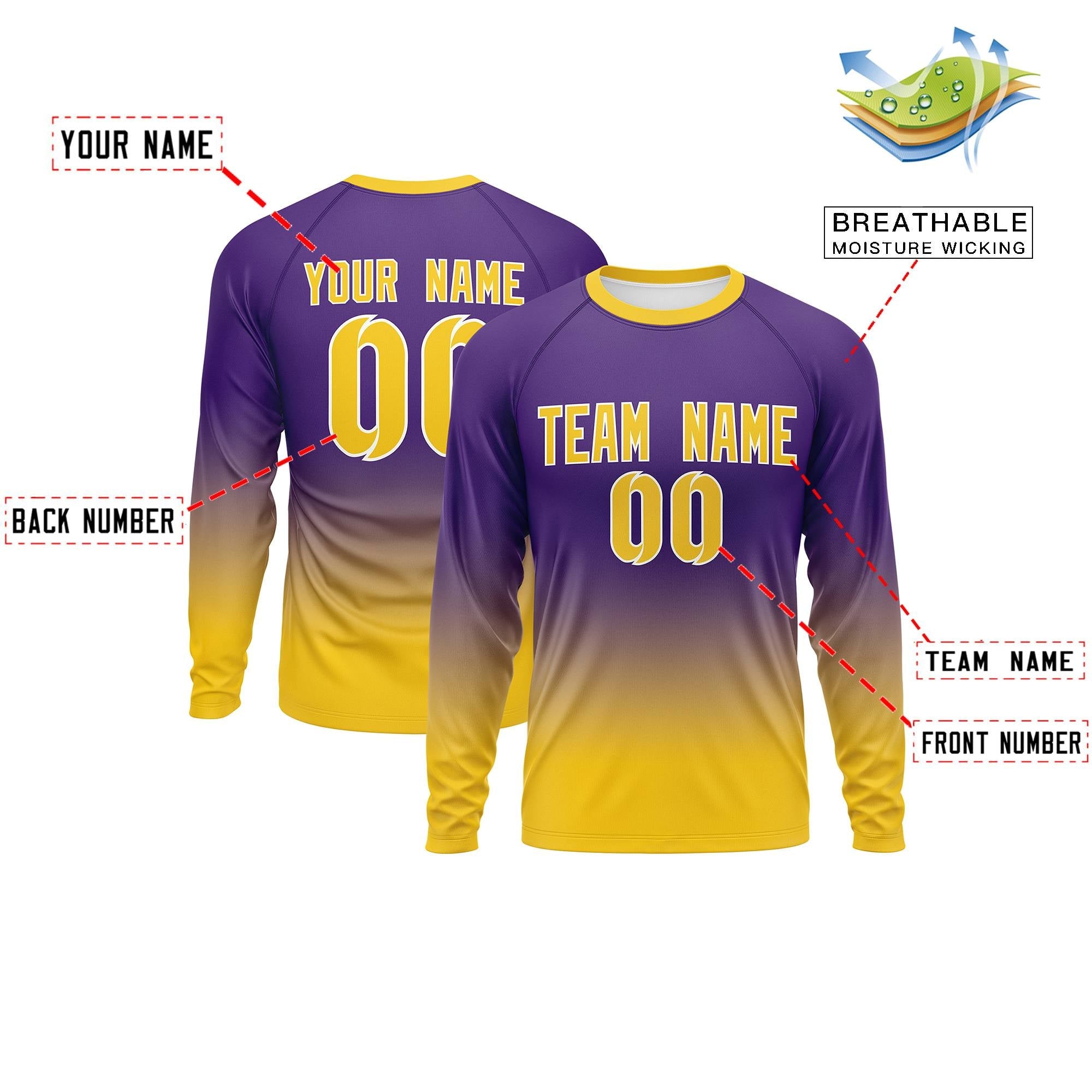 Custom Purple-Gold Gradient Fashion Design Long Sleeve Performance T-Shirt