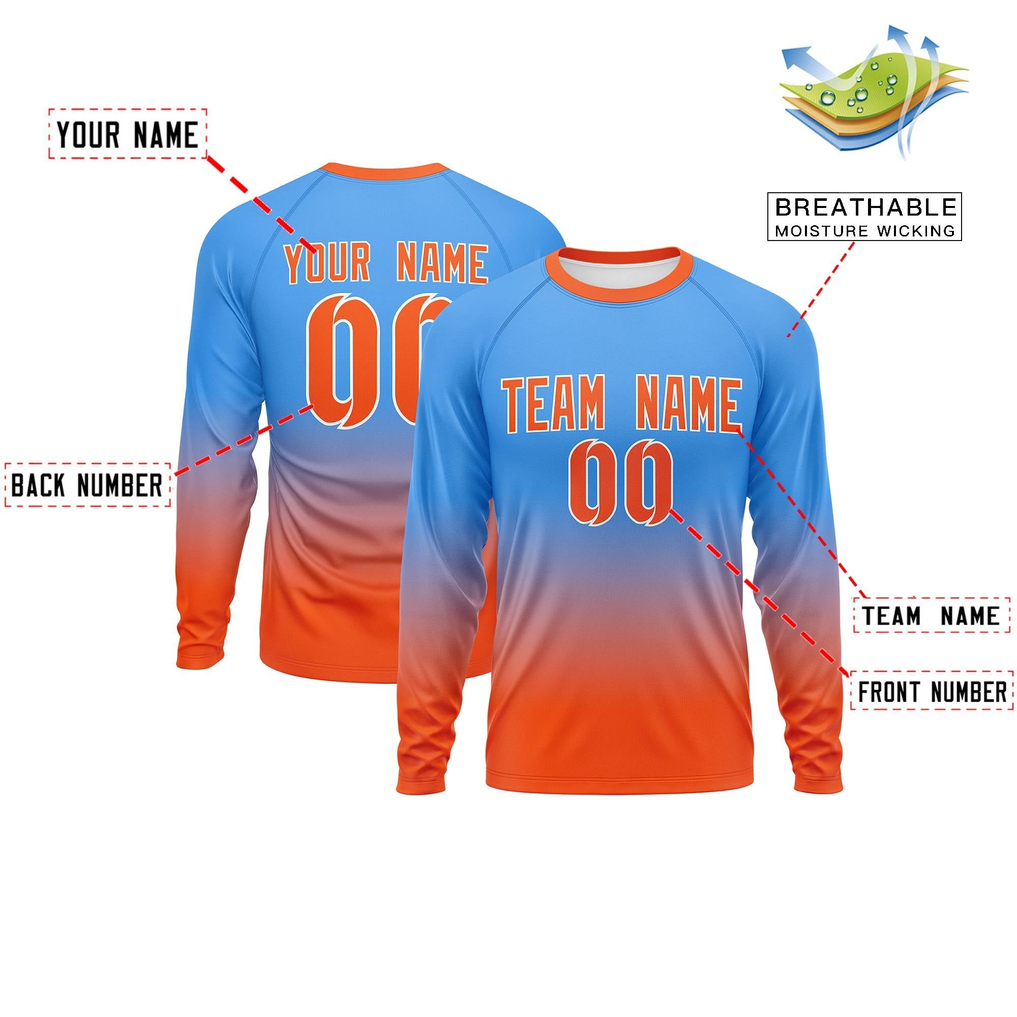 Custom Powder Blue-Orange Gradient Fashion Design Long Sleeve Performance T-Shirt