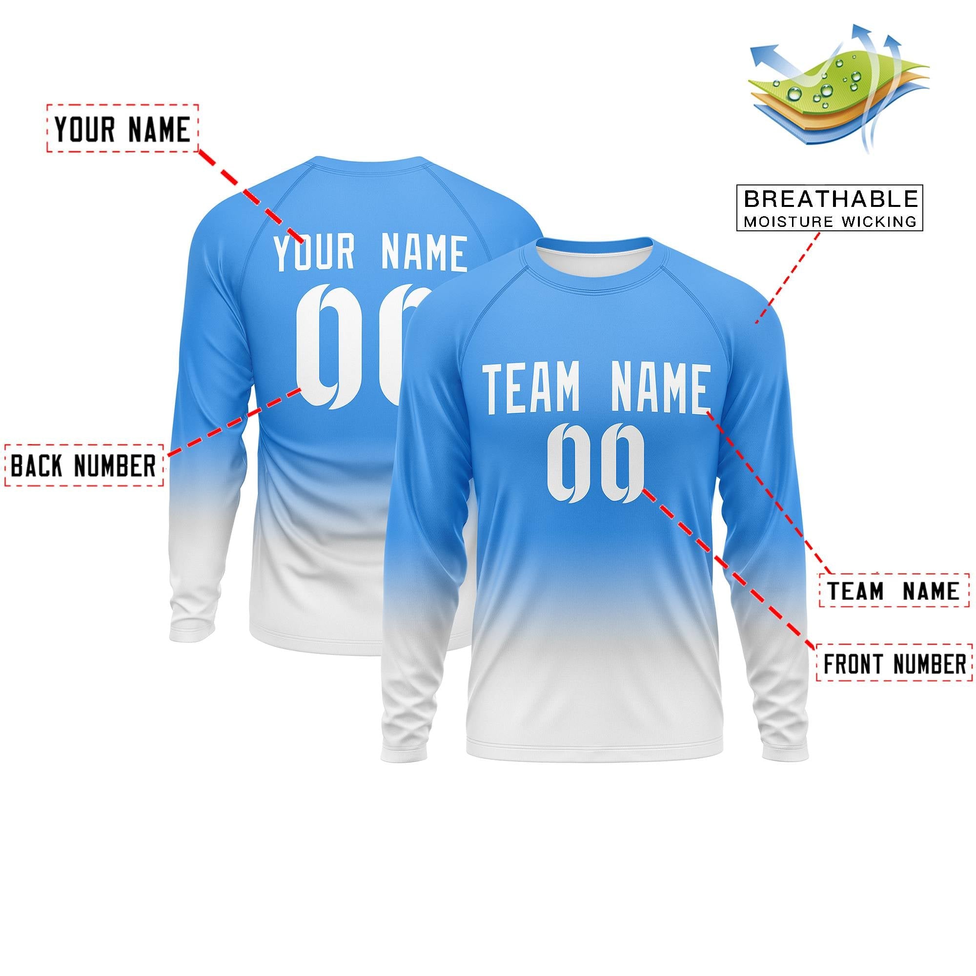 Custom Powder Blue-Light-White Gray Gradient Fashion Design Long Sleeve Performance T-Shirt