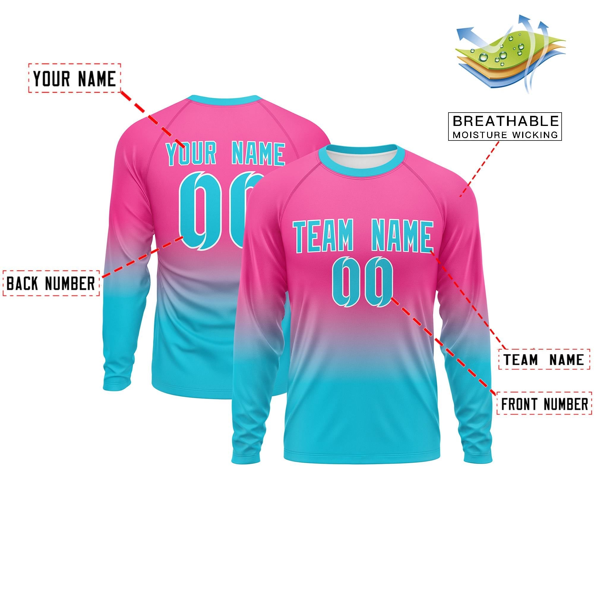 Custom Pink-Sky Blue Gradient Fashion Design Long Sleeve Performance T-Shirt