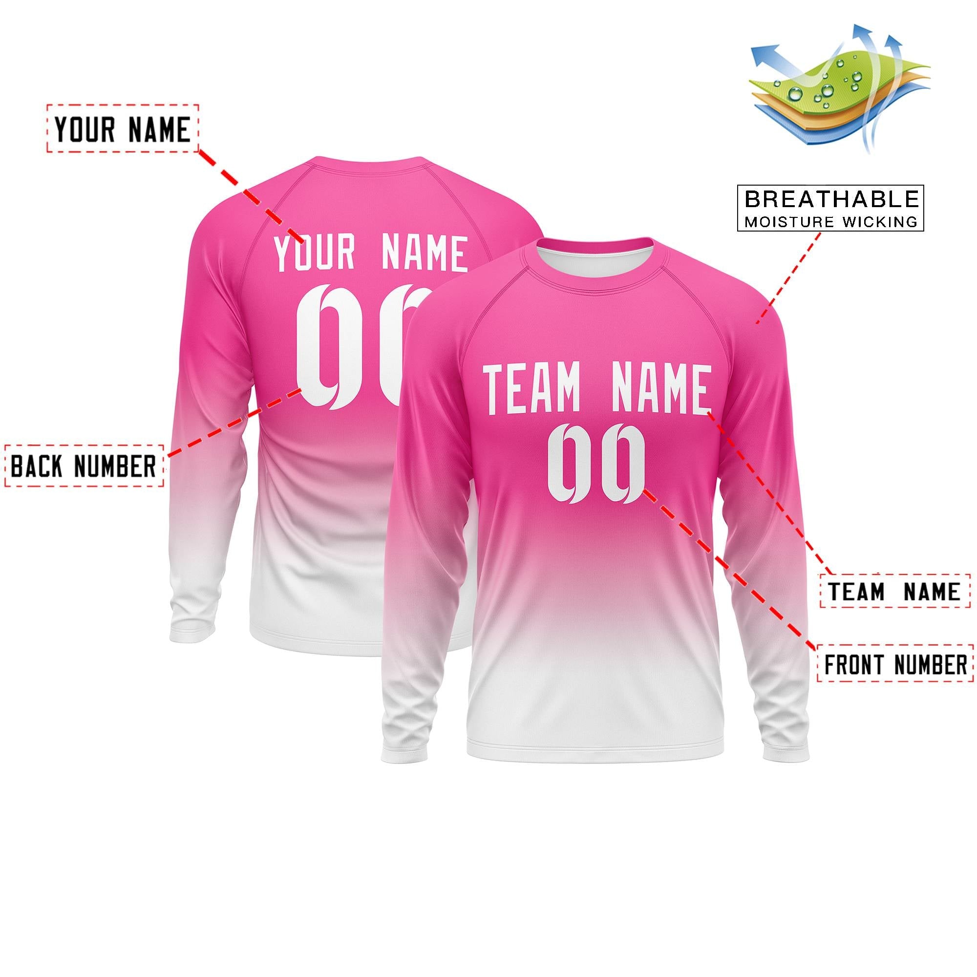 Custom Pink-Light-White Pink Gradient Fashion Design Long Sleeve Performance T-Shirt