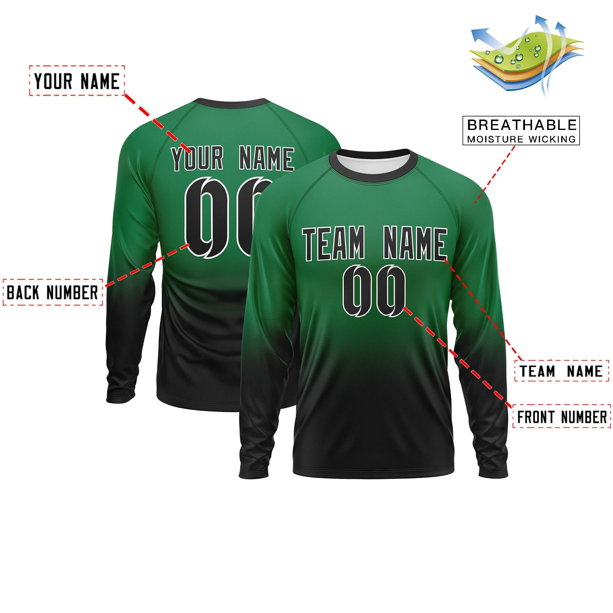 Custom Teal-Black Gradient Fashion Design Long Sleeve Performance T-Shirt