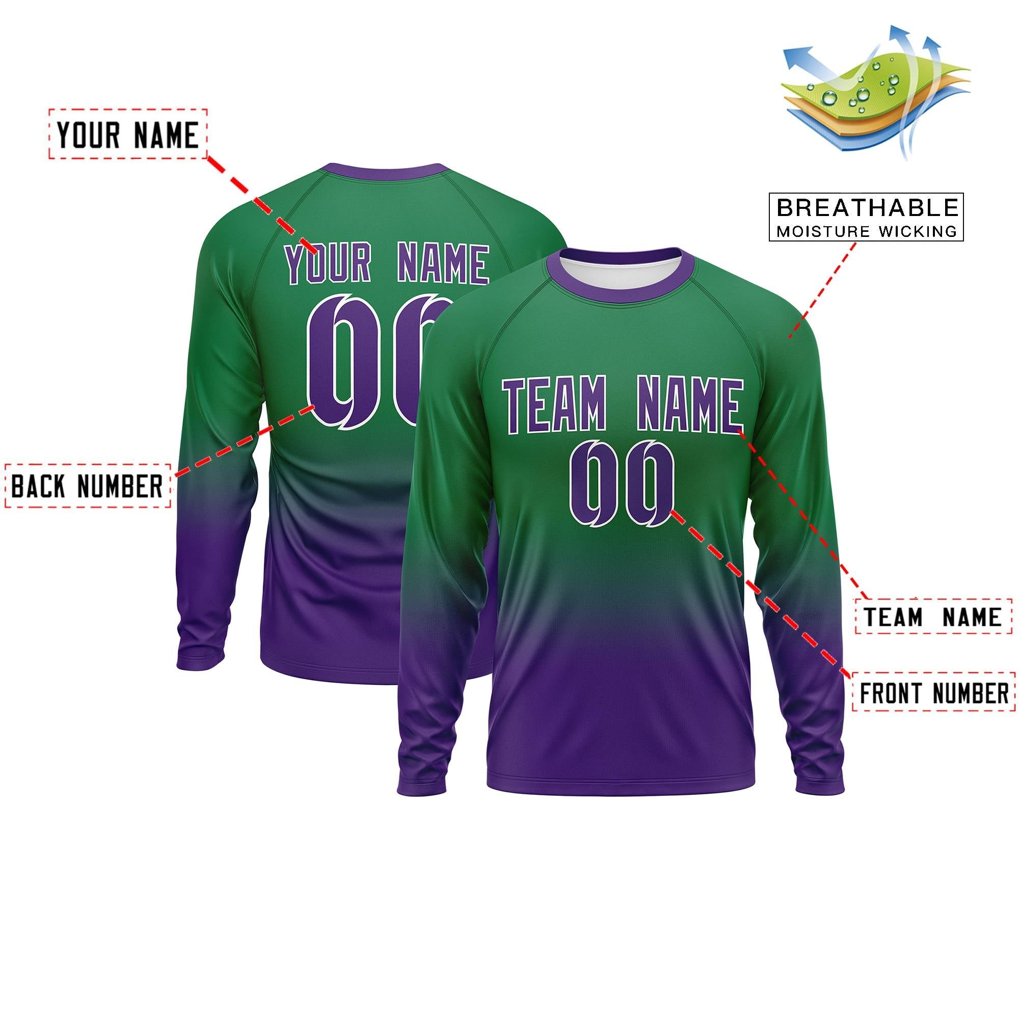 Custom Teal-Purple Gradient Fashion Design Long Sleeve Performance T-Shirt