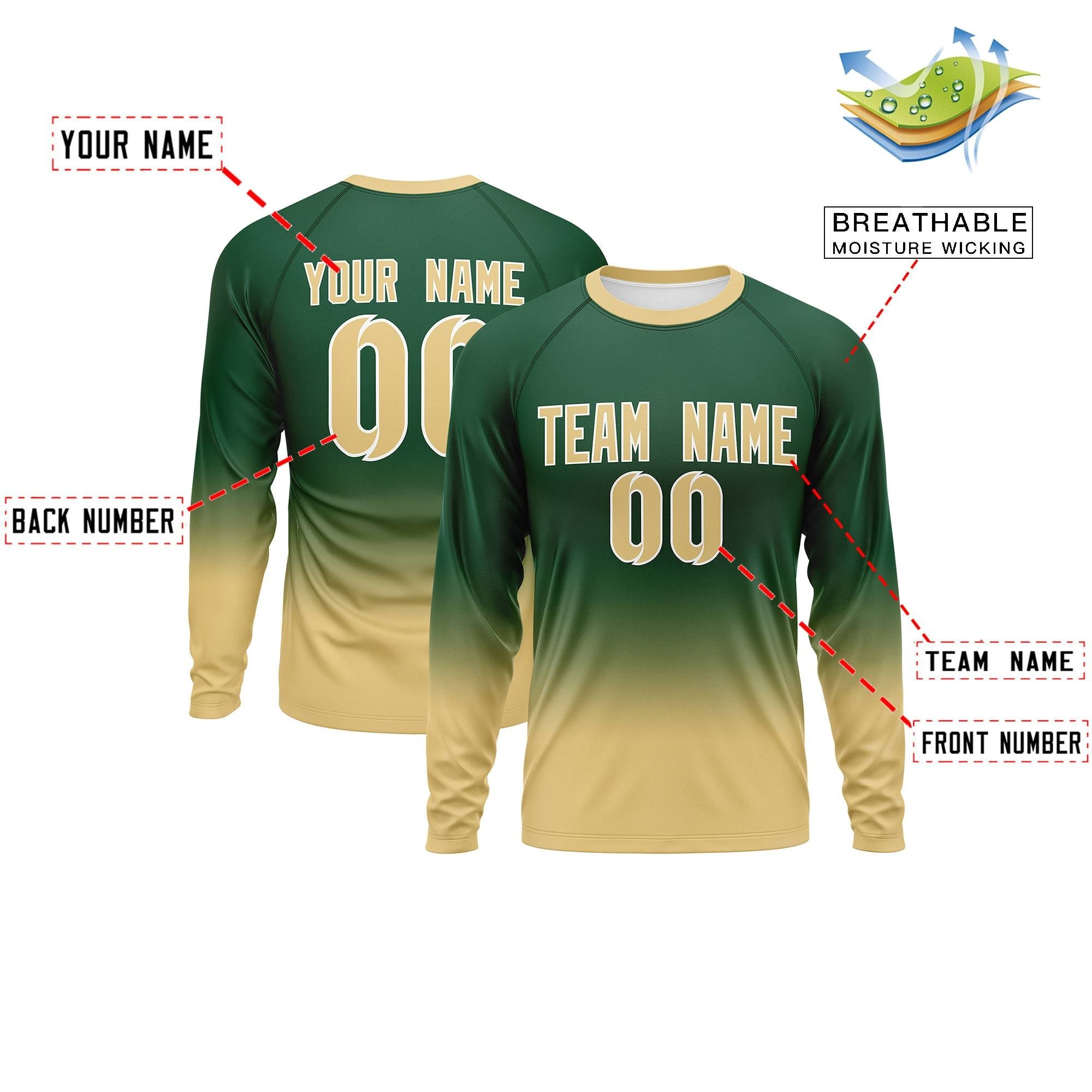 Custom Green-Khaki Gradient Fashion Design Long Sleeve Performance T-Shirt