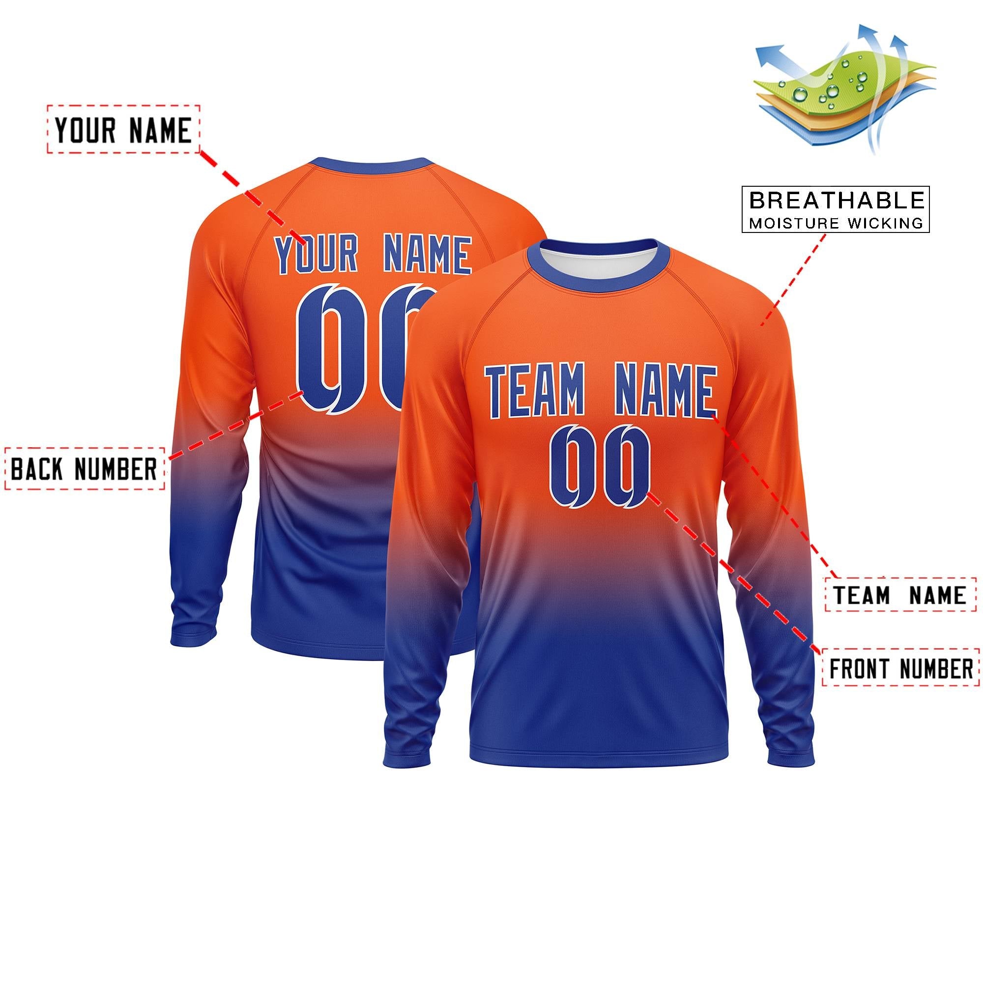 Custom Orange-Royal Gradient Fashion Design Long Sleeve Performance T-Shirt