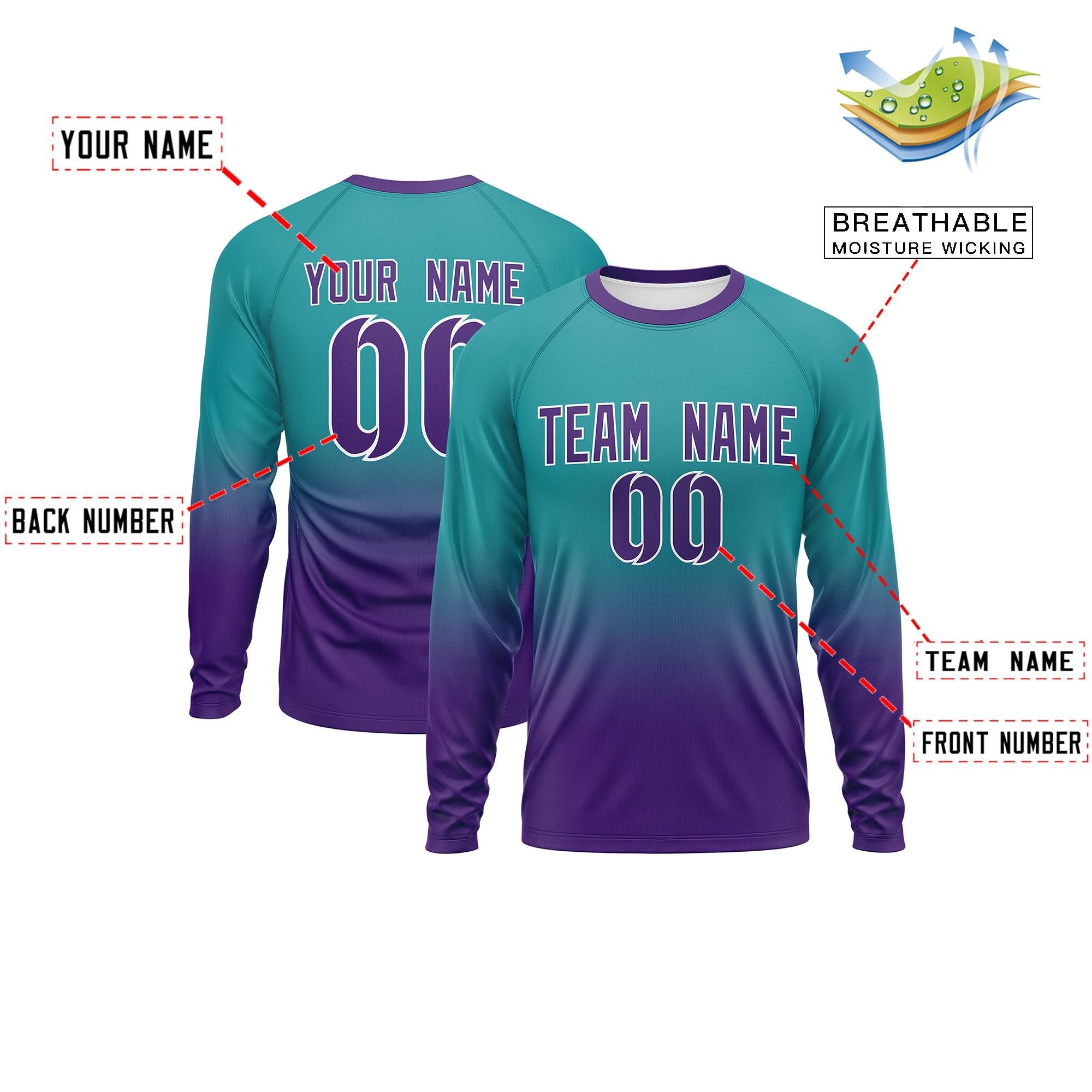 Custom Aqua-Purple Gradient Fashion Design Long Sleeve Performance T-Shirt