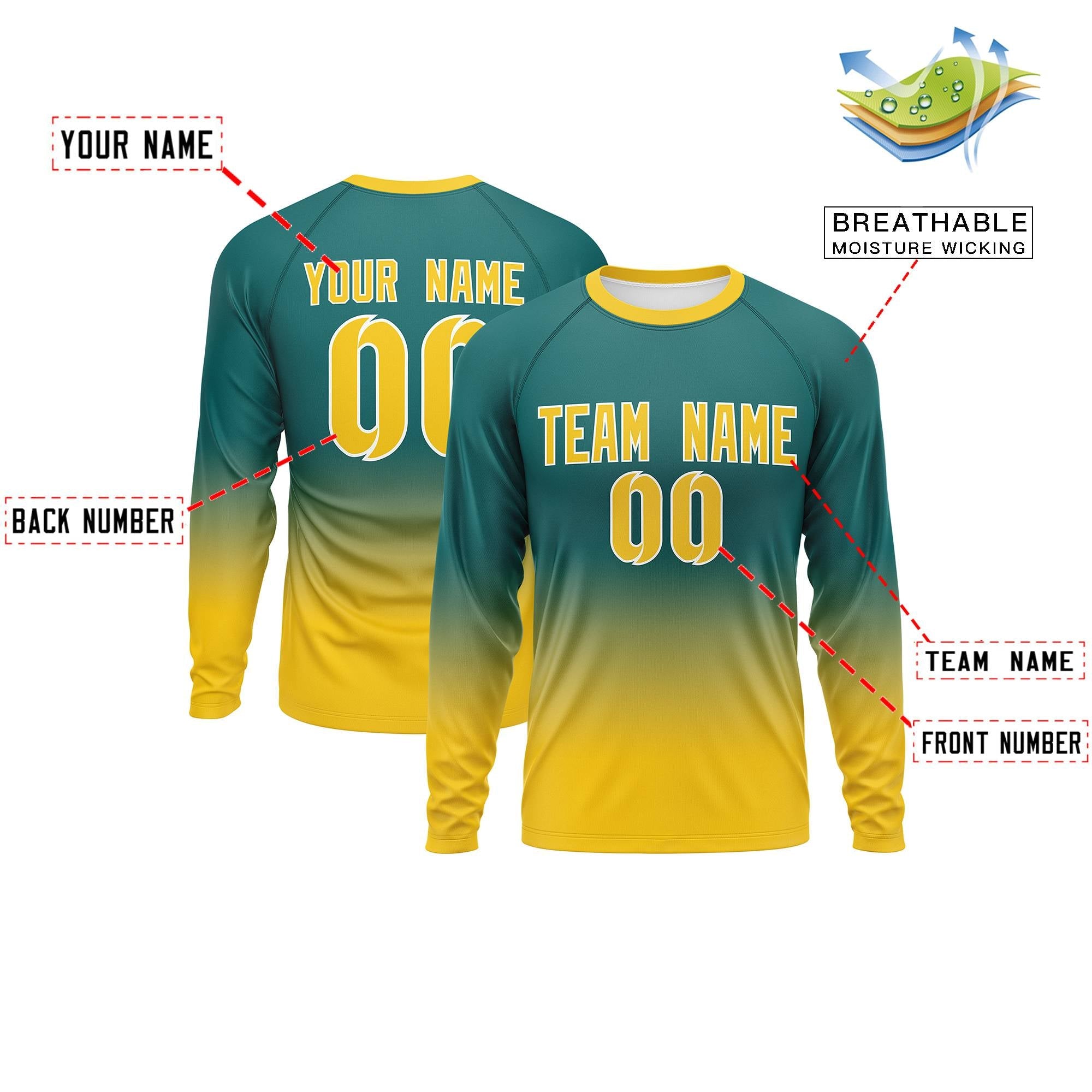 Custom Aqua-Gold Gradient Fashion Design Long Sleeve Performance T-Shirt