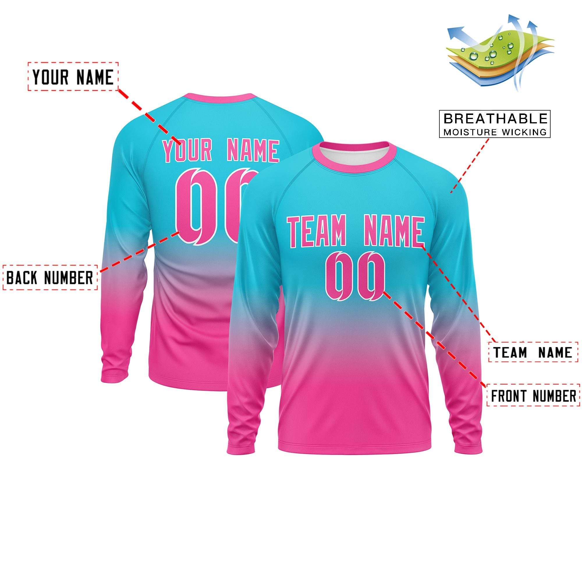 Custom Sky Blue-Pink Gradient Fashion Design Long Sleeve Performance T-Shirt