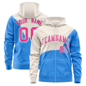 Custom Cream Powder Blue Color Block Varsity Full-Zip Letterman Wave Hoodie Jacket