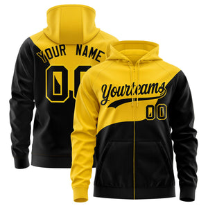 Custom Gold Black Color Block Varsity Full-Zip Letterman Wave Hoodie Jacket