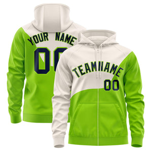 Custom Cream Neon Green Color Block Varsity Full-Zip Letterman Wave Hoodie Jacket