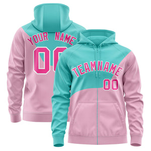 Custom Bright Green Light Pink Color Block Varsity Full-Zip Letterman Wave Hoodie Jacket