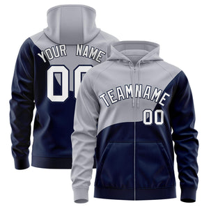 Custom Gray Navy Color Block Varsity Full-Zip Letterman Wave Hoodie Jacket