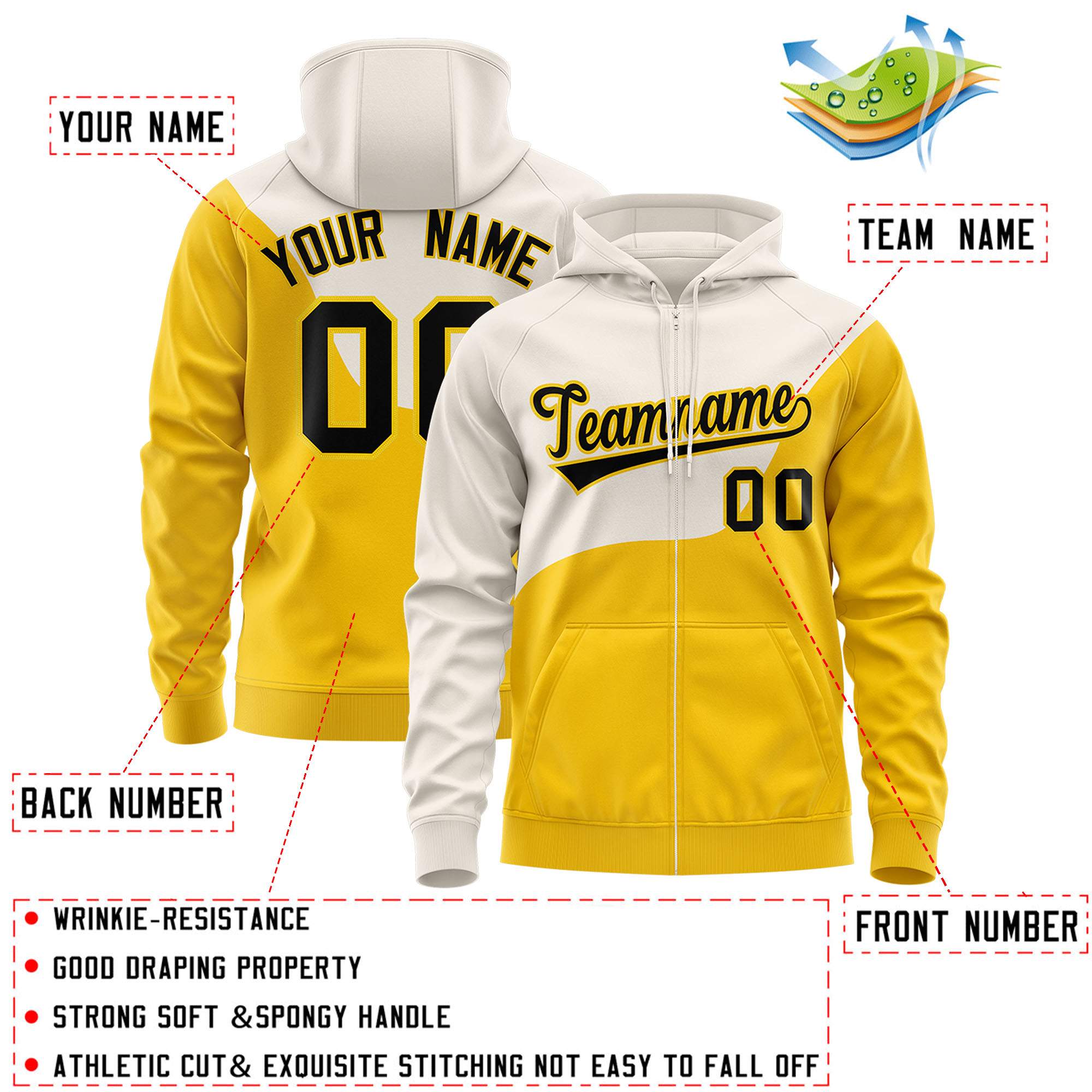 Custom Cream Gold Color Block Varsity Full-Zip Letterman Wave Hoodie Jacket