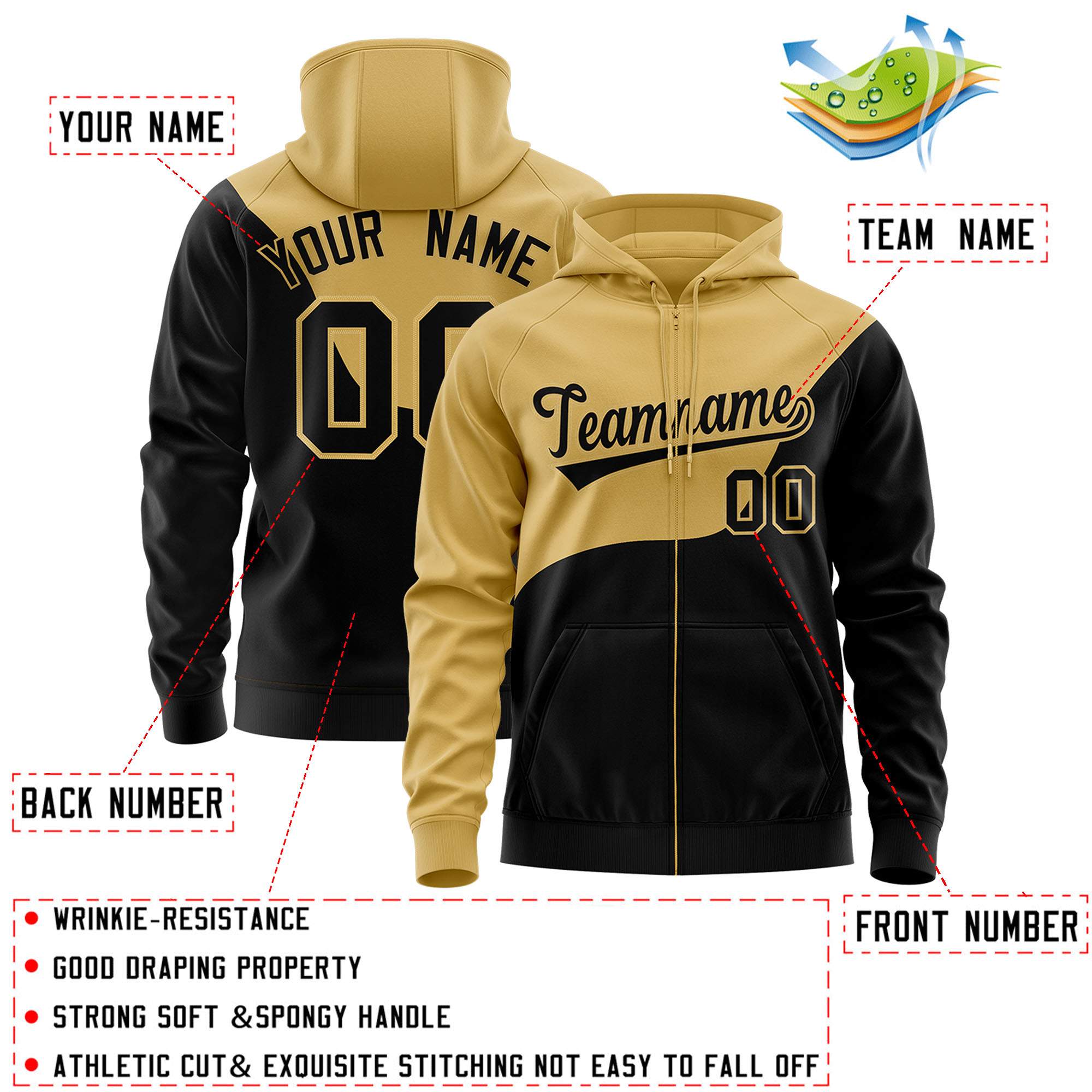 Custom Old Gold Black Color Block Varsity Full-Zip Letterman Wave Hoodie Jacket