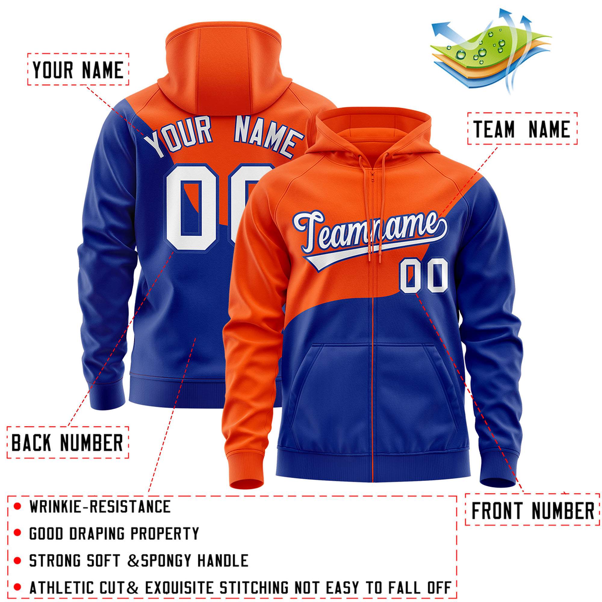 Custom Orange Royal Color Block Varsity Full-Zip Letterman Wave Hoodie Jacket