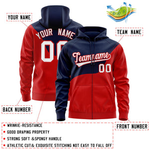 Custom Navy Red Color Block Varsity Full-Zip Letterman Wave Hoodie Jacket