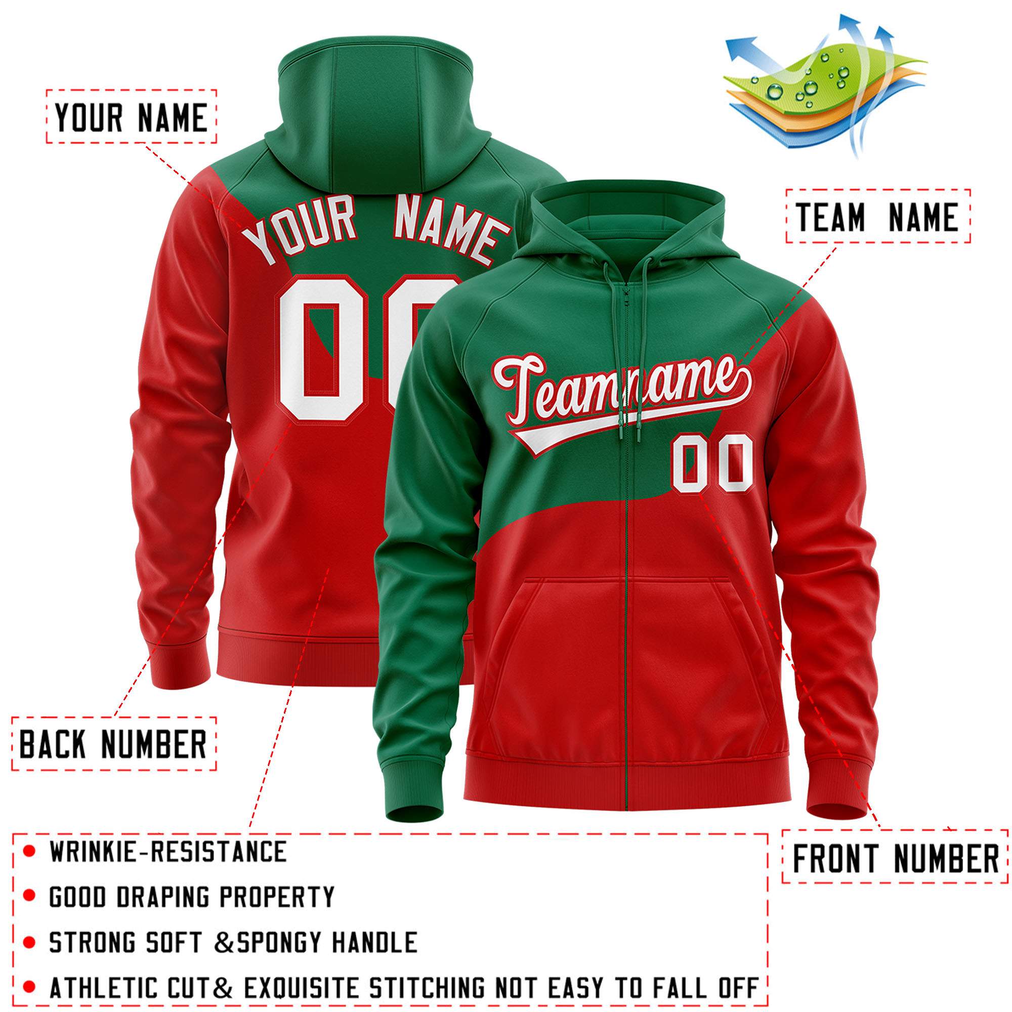 Custom Kelly Green Red Color Block Varsity Full-Zip Letterman Wave Hoodie Jacket