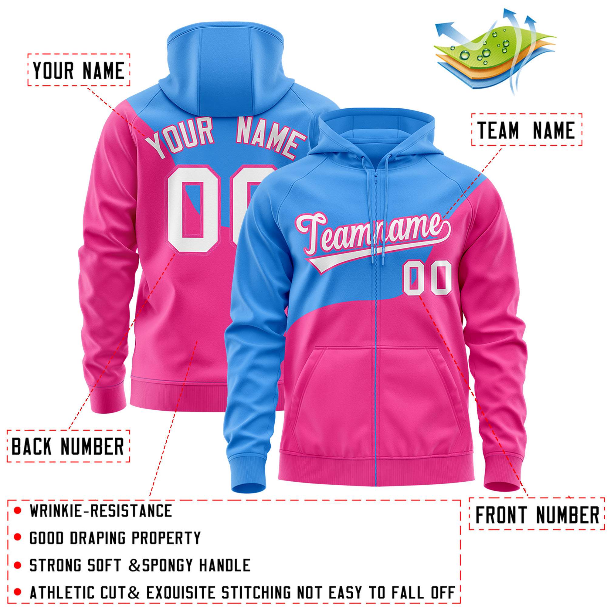 Custom Powder Blue Pink Color Block Varsity Full-Zip Letterman Wave Hoodie Jacket