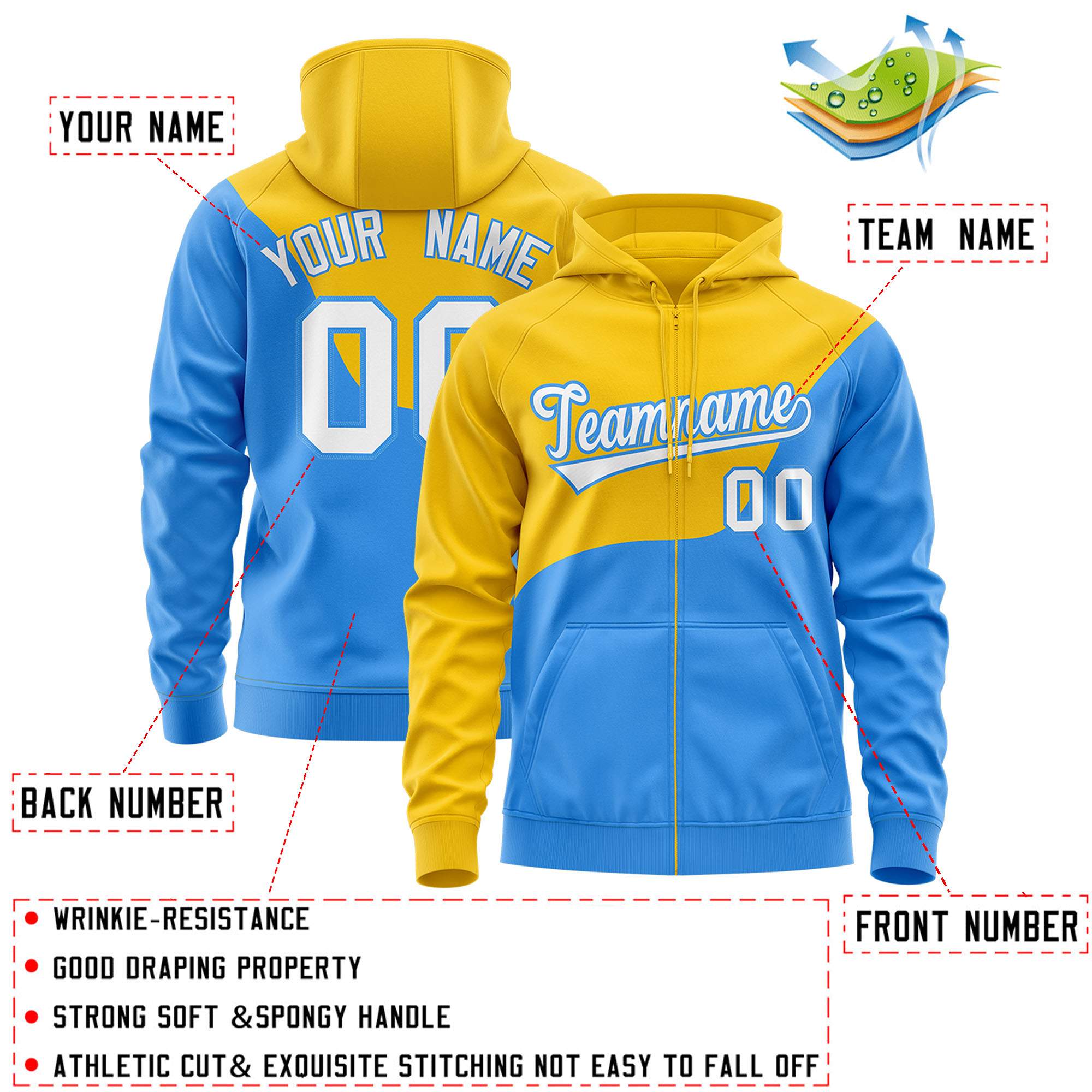 Custom Gold Powder Blue Color Block Varsity Full-Zip Letterman Wave Hoodie Jacket