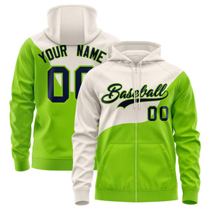 Custom Cream Neon Green Color Block Varsity Full-Zip Letterman Wave Hoodie Jacket