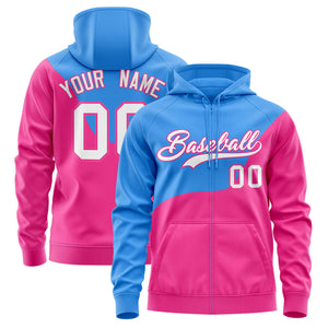 Custom Powder Blue Pink Color Block Varsity Full-Zip Letterman Wave Hoodie Jacket