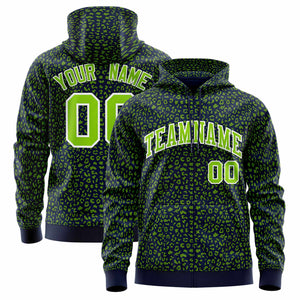 Custom Navy Neon Green Varsity Full-Zip Letterman Leopard Print Hoodie Jacket