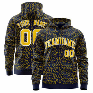 Custom Navy Gold Varsity Full-Zip Letterman Leopard Print Hoodie Jacket