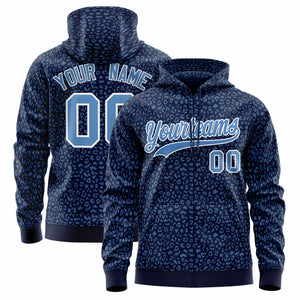 Custom Navy Light Blue Varsity Full-Zip Letterman Leopard Print Hoodie Jacket