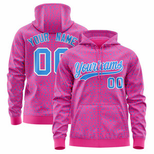 Custom Pink Powder Blue Varsity Full-Zip Letterman Leopard Print Hoodie Jacket