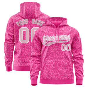 Custom Pink Light Pink Varsity Full-Zip Letterman Leopard Print Hoodie Jacket